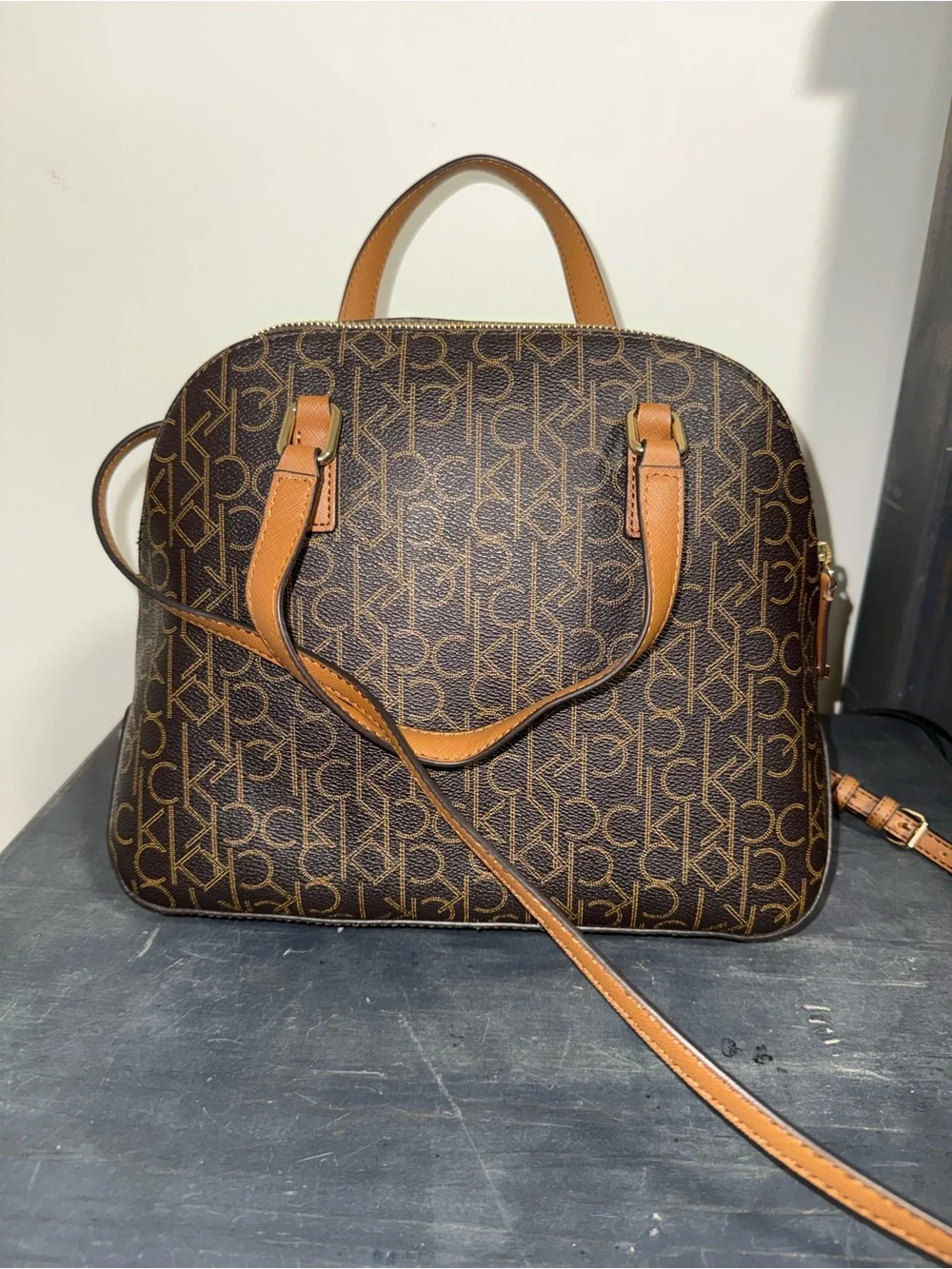 Calvin Klein Brown Logo Satchel with Tan Accents